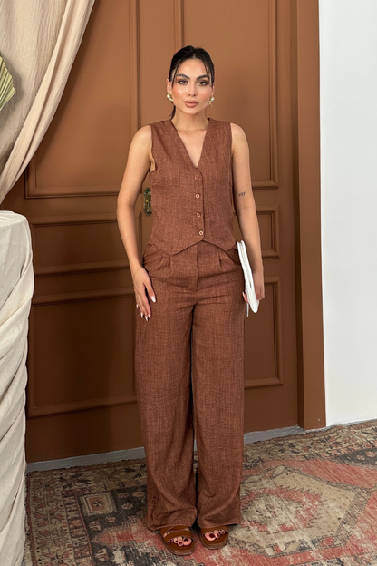 Kadın Alt Üst Takım Keten Düğmeli V Yaka Yelek Bol Paça Pantolon Takım