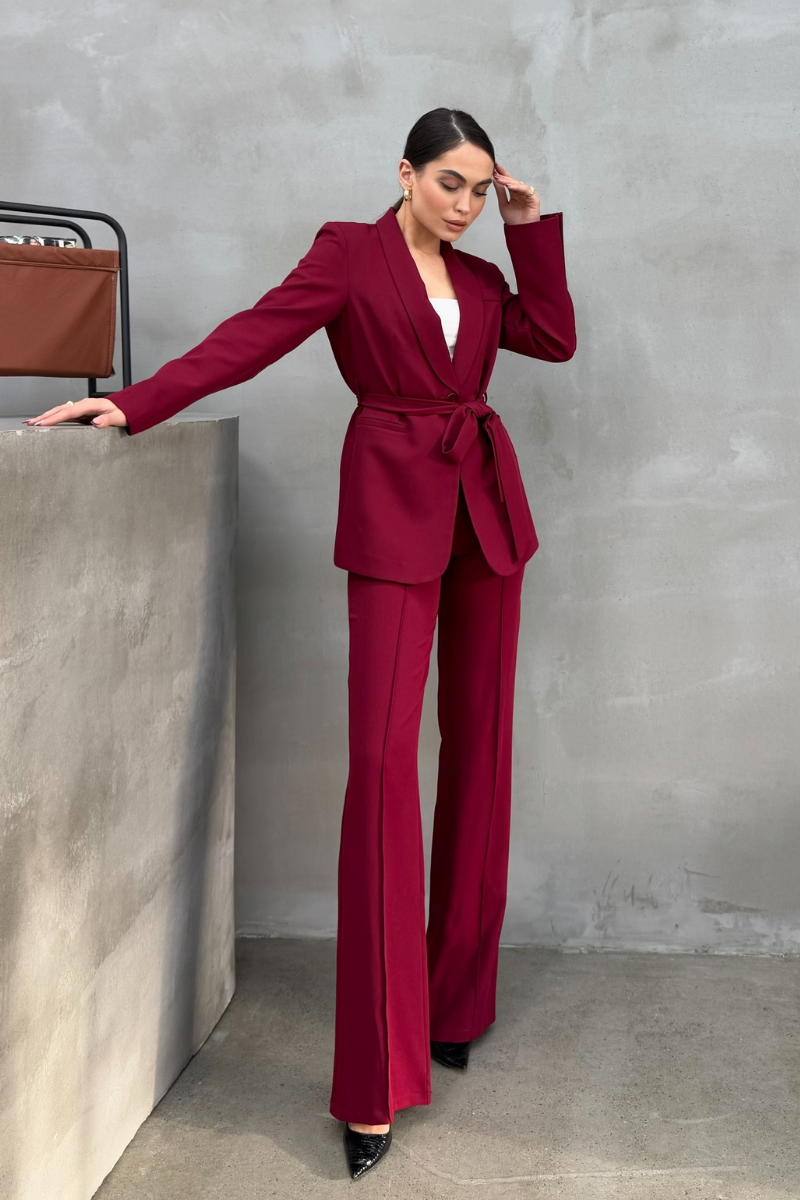 Kadın İkili Kuşaklı Blazer Ceket Pantolon Takım