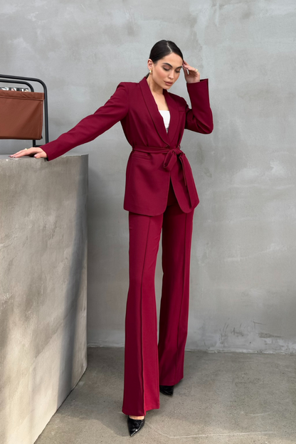 Kadın İkili Kuşaklı Blazer Ceket Pantolon Takım