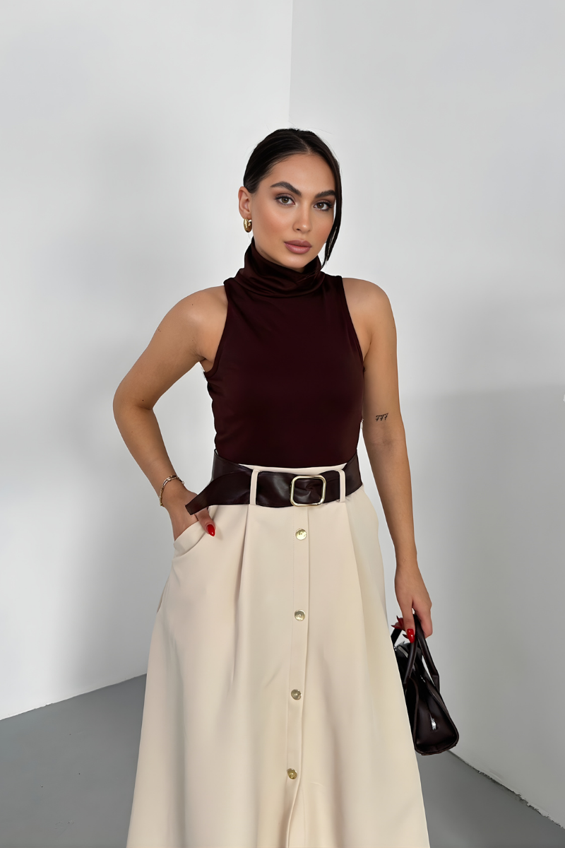 Kadın Elbise Midi Şık Kemerli Balıkçı Yaka Sıfır Kollu Eteği Düğmeli Cepli Kontrast Elbise