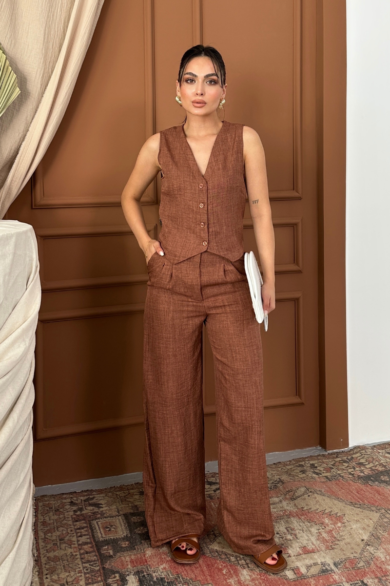 Kadın Alt Üst Takım Keten Düğmeli V Yaka Yelek Bol Paça Pantolon Takım