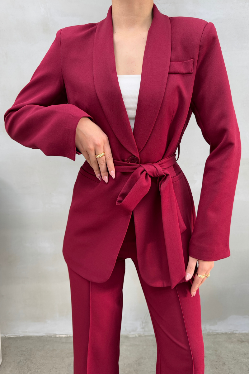 Kadın İkili Kuşaklı Blazer Ceket Pantolon Takım