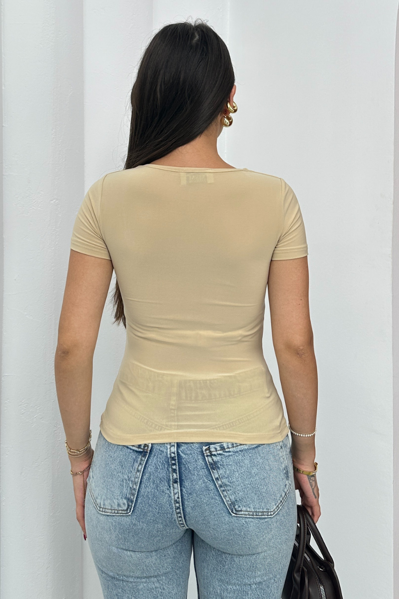 Kadın Kısa Kollu T-Shirt Kare Yaka Çift Kat Sandy Kumaş Crop T-Shirt