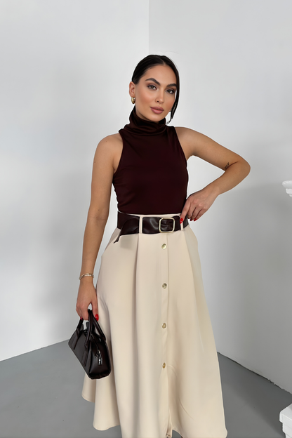 Kadın Elbise Midi Şık Kemerli Balıkçı Yaka Sıfır Kollu Eteği Düğmeli Cepli Kontrast Elbise