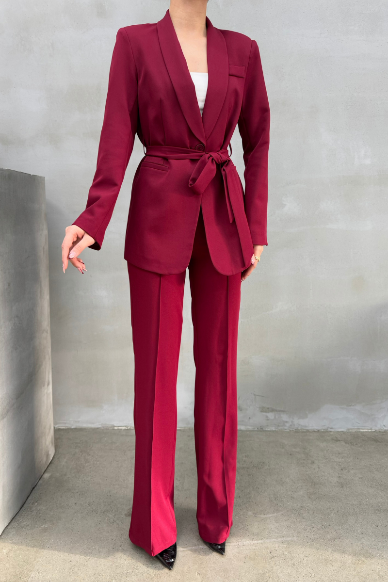 Kadın İkili Kuşaklı Blazer Ceket Pantolon Takım