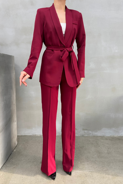 Kadın İkili Kuşaklı Blazer Ceket Pantolon Takım