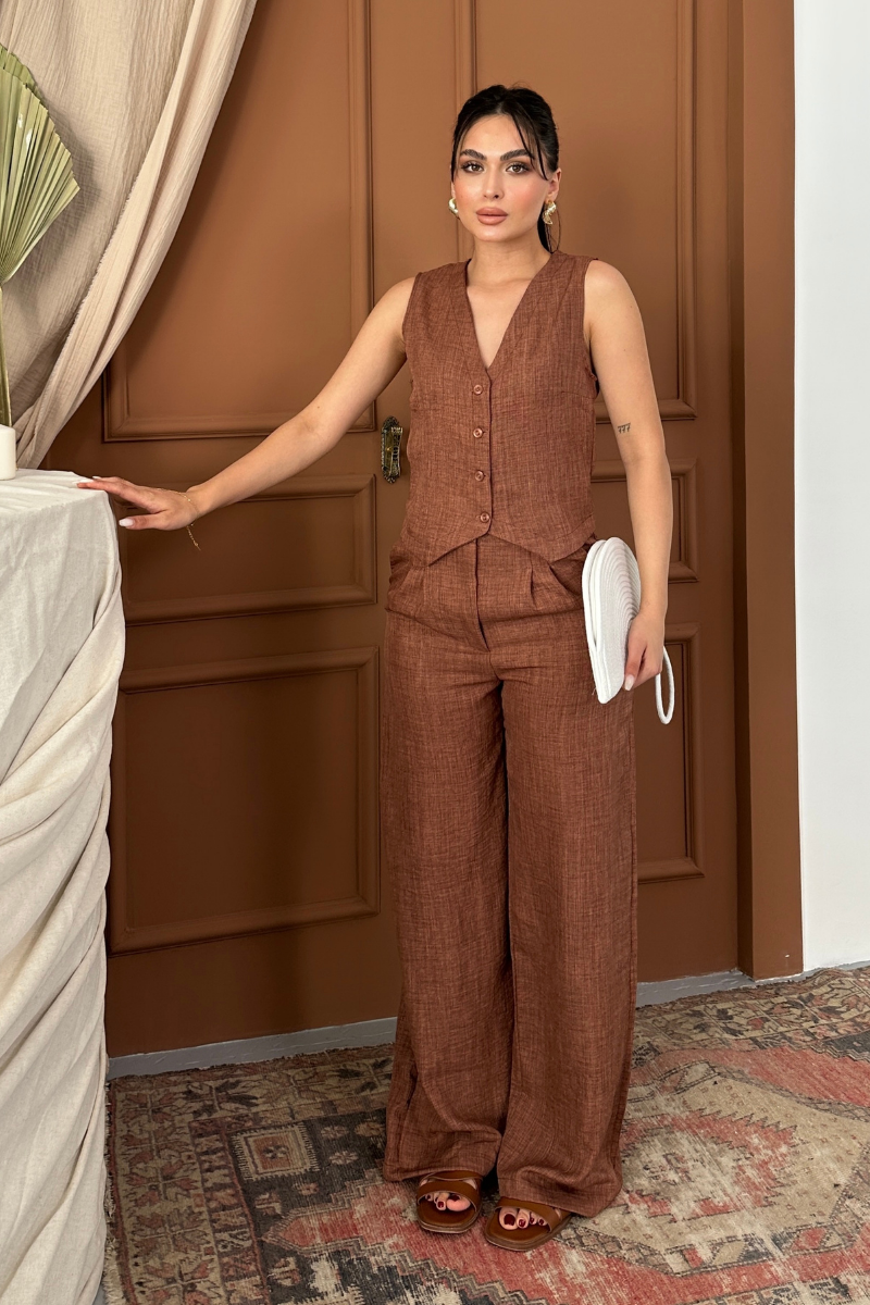 Kadın Alt Üst Takım Keten Düğmeli V Yaka Yelek Bol Paça Pantolon Takım