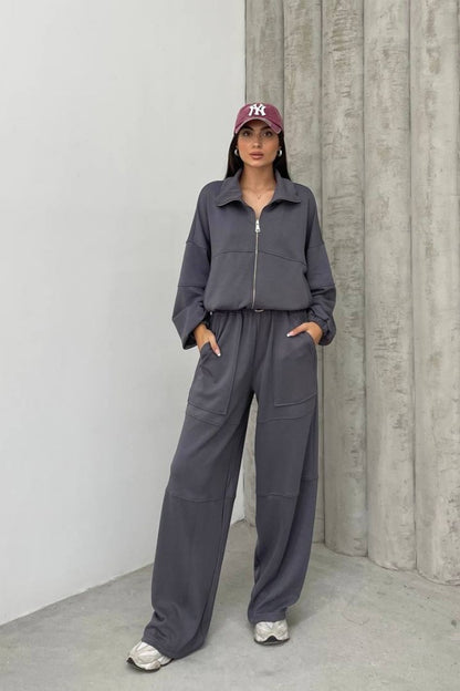 Kadın Eşofman Takımı Bol Paça Büyük Cepli Kemerli Soft Touch İkili Takım BEJ L