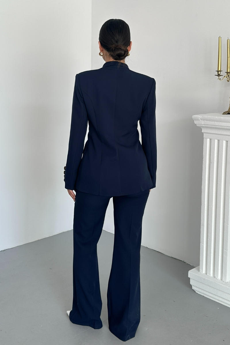 Kadın İkili Takım Şık Düğme Detaylı Dik Yaka Blazer Ceket Bol Paça Pantolon Takım