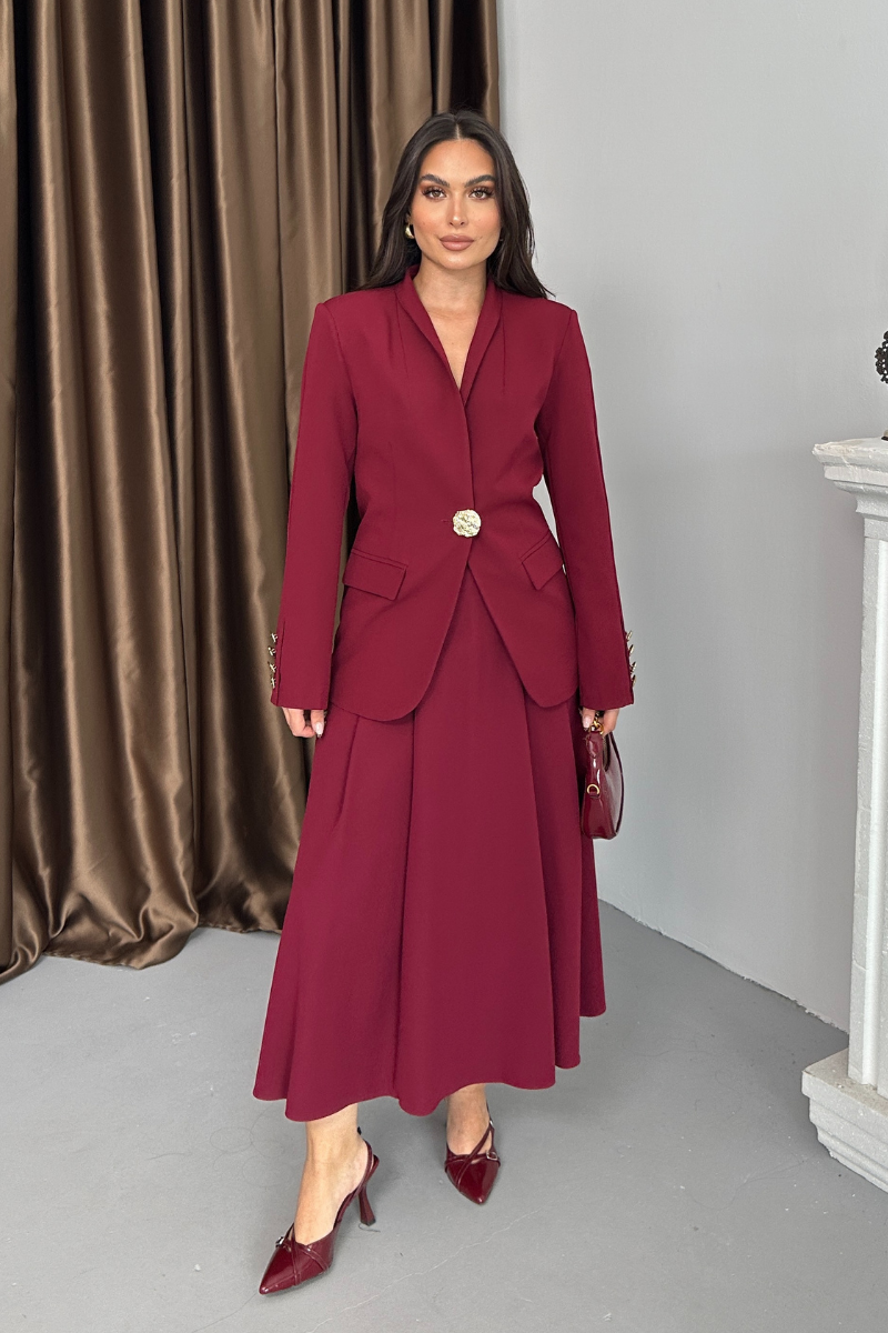 Kadın İkili Takım Şık Düğme Detaylı Dik Yaka Blazer Ceket Uzun Etek Takım