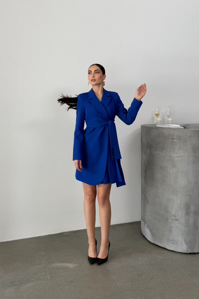 Kadın Elbise Mini Şık Uzun Kollu Kuşaklı Kruvaze Yaka Pileli Ceket Elbise