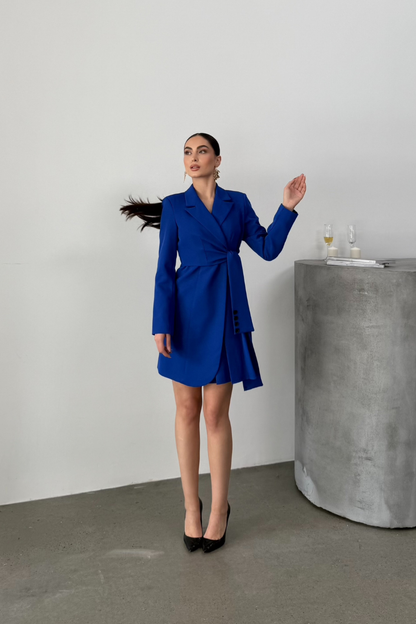 Kadın Elbise Mini Şık Uzun Kollu Kuşaklı Kruvaze Yaka Pileli Ceket Elbise