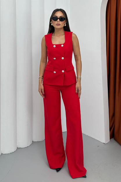 Kadın İkili Alt Üst Takım Şık Düğme Detaylı Kare Yaka Yelek Pantolon Takım