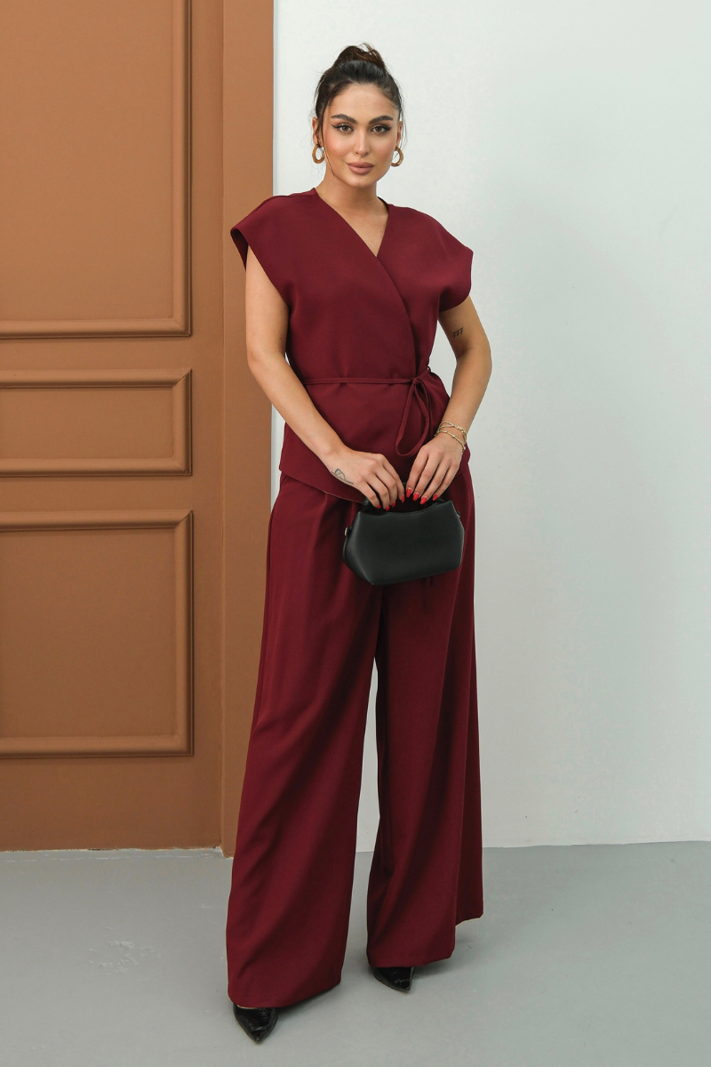 Kadın İkili Alt Üst Takım Bağcıklı Bol Kesim Dökümlü Yazlık Kısa Kollu Kimono Ceket Palazzo Pantolon