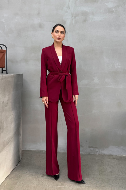 Kadın İkili Kuşaklı Blazer Ceket Pantolon Takım