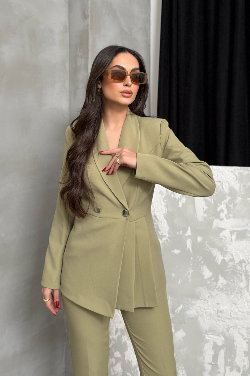 Kadın İkili Blazer Ceket Pantolon Takım Pile ve Düğme Detaylı Boru Paça