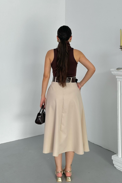 Kadın Elbise Midi Şık Kemerli Balıkçı Yaka Sıfır Kollu Eteği Düğmeli Cepli Kontrast Elbise