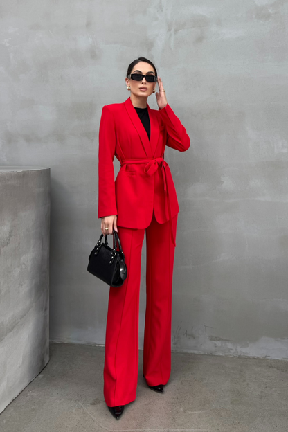 Kadın İkili Kuşaklı Blazer Ceket Pantolon Takım