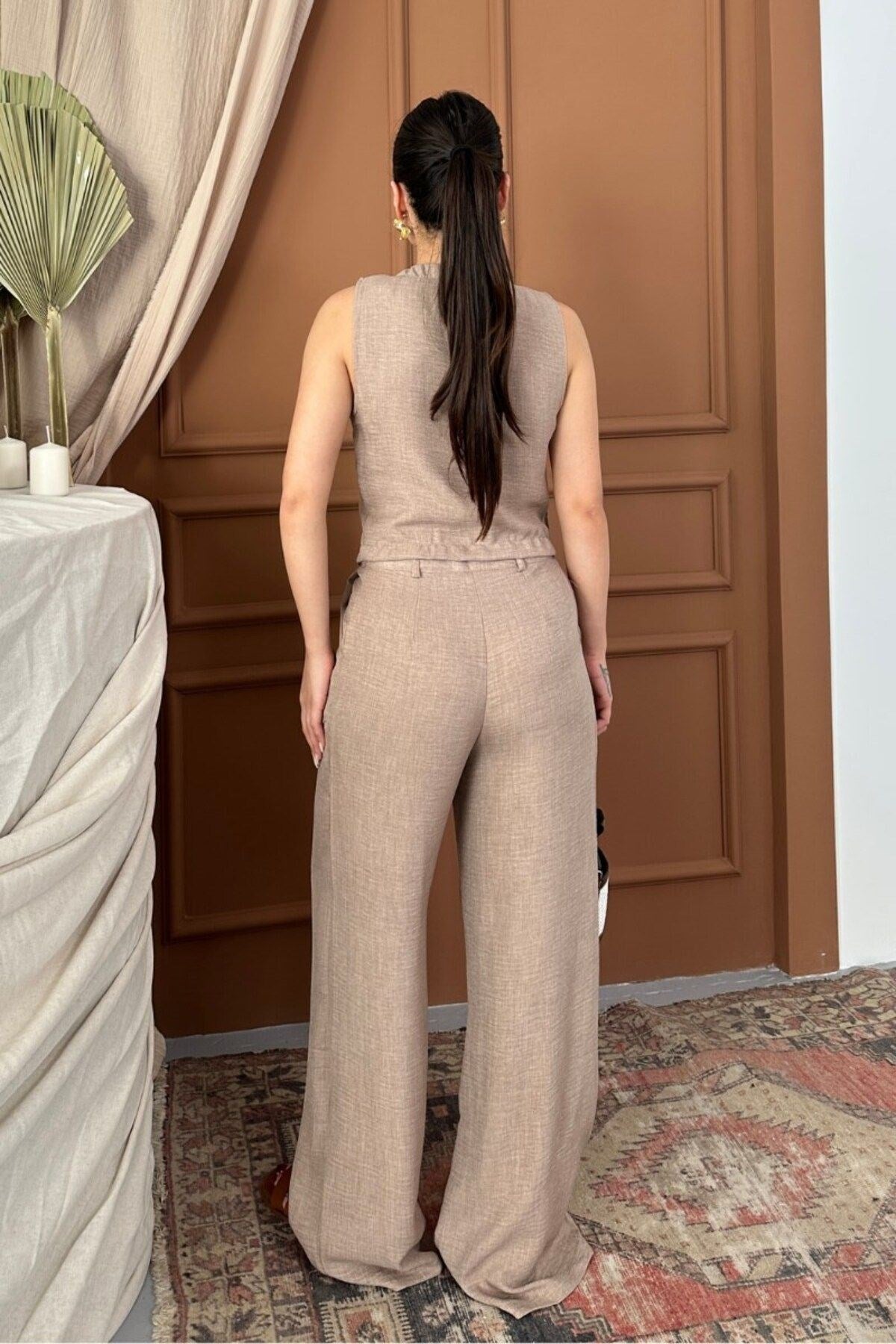 Kadın Alt Üst Takım Keten Düğmeli V Yaka Yelek Bol Paça Pantolon Takım