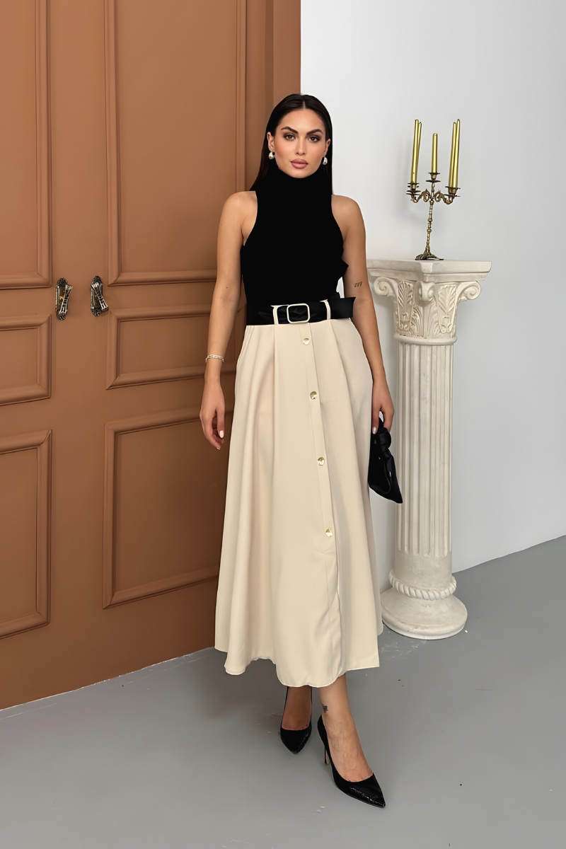 Kadın Elbise Midi Şık Kemerli Balıkçı Yaka Sıfır Kollu Eteği Düğmeli Cepli Kontrast Elbise