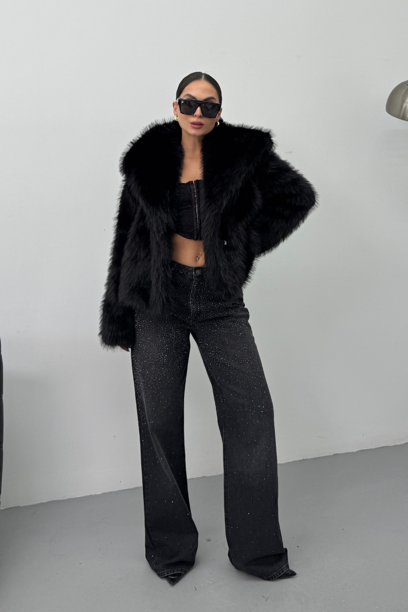 Kadın Kürk Şık Geniş Yaka Astarlı Çıtçıt Düğmeli Premium Kürk