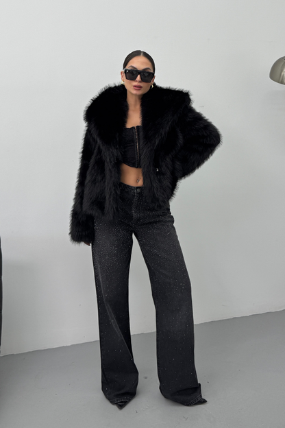 Kadın Kürk Şık Geniş Yaka Astarlı Çıtçıt Düğmeli Premium Kürk