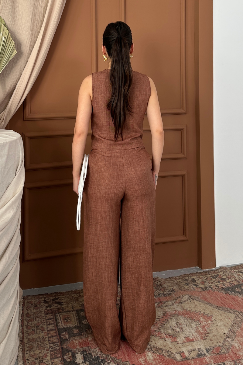 Kadın Alt Üst Takım Keten Düğmeli V Yaka Yelek Bol Paça Pantolon Takım