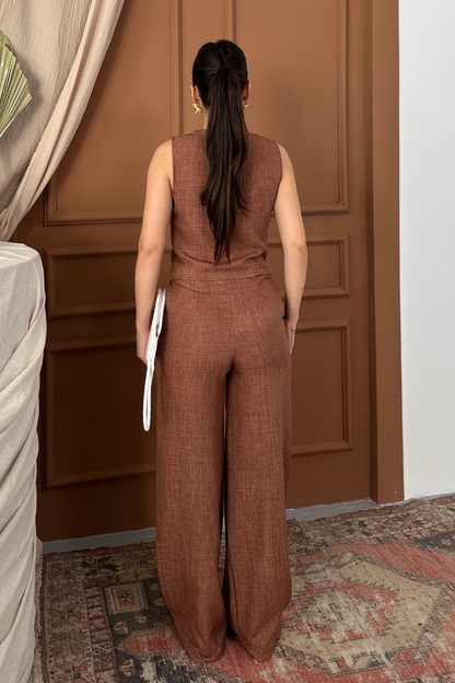 Kadın Alt Üst Takım Keten Düğmeli V Yaka Yelek Bol Paça Pantolon Takım