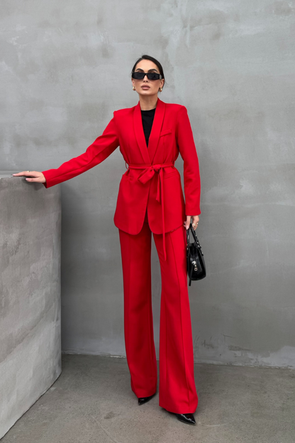 Kadın İkili Kuşaklı Blazer Ceket Pantolon Takım