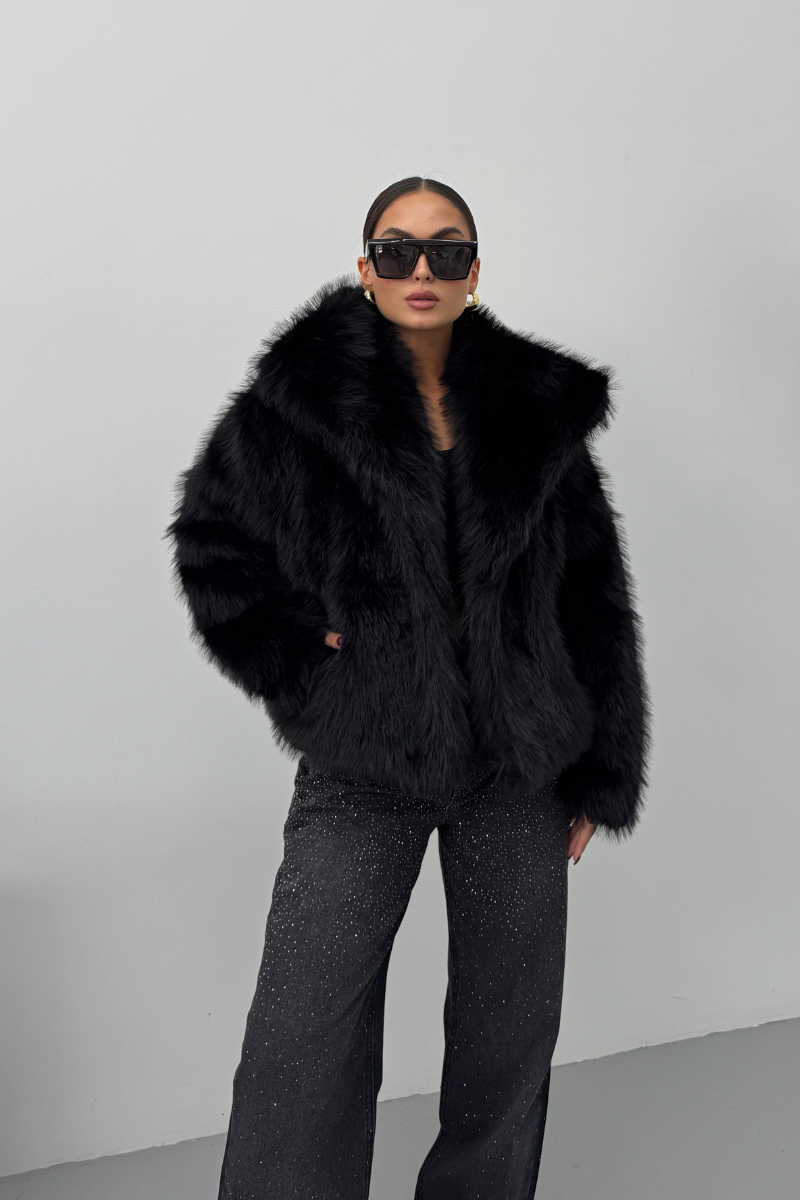 Kadın Kürk Şık Geniş Yaka Astarlı Çıtçıt Düğmeli Premium Kürk