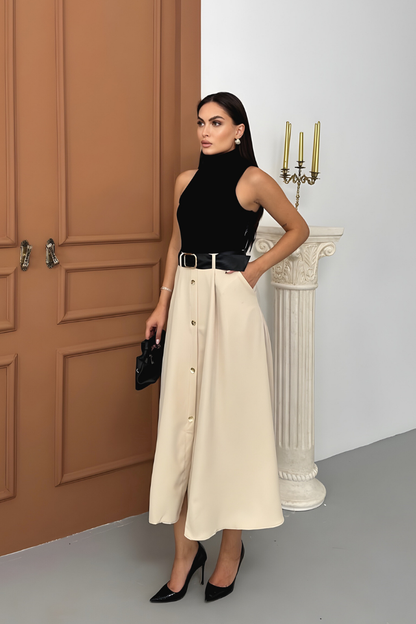 Kadın Elbise Midi Şık Kemerli Balıkçı Yaka Sıfır Kollu Eteği Düğmeli Cepli Kontrast Elbise