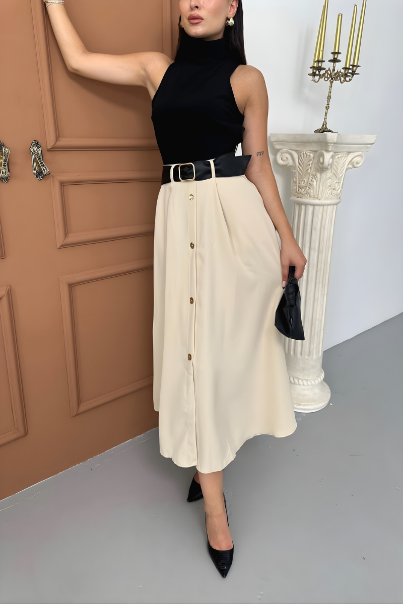 Kadın Elbise Midi Şık Kemerli Balıkçı Yaka Sıfır Kollu Eteği Düğmeli Cepli Kontrast Elbise