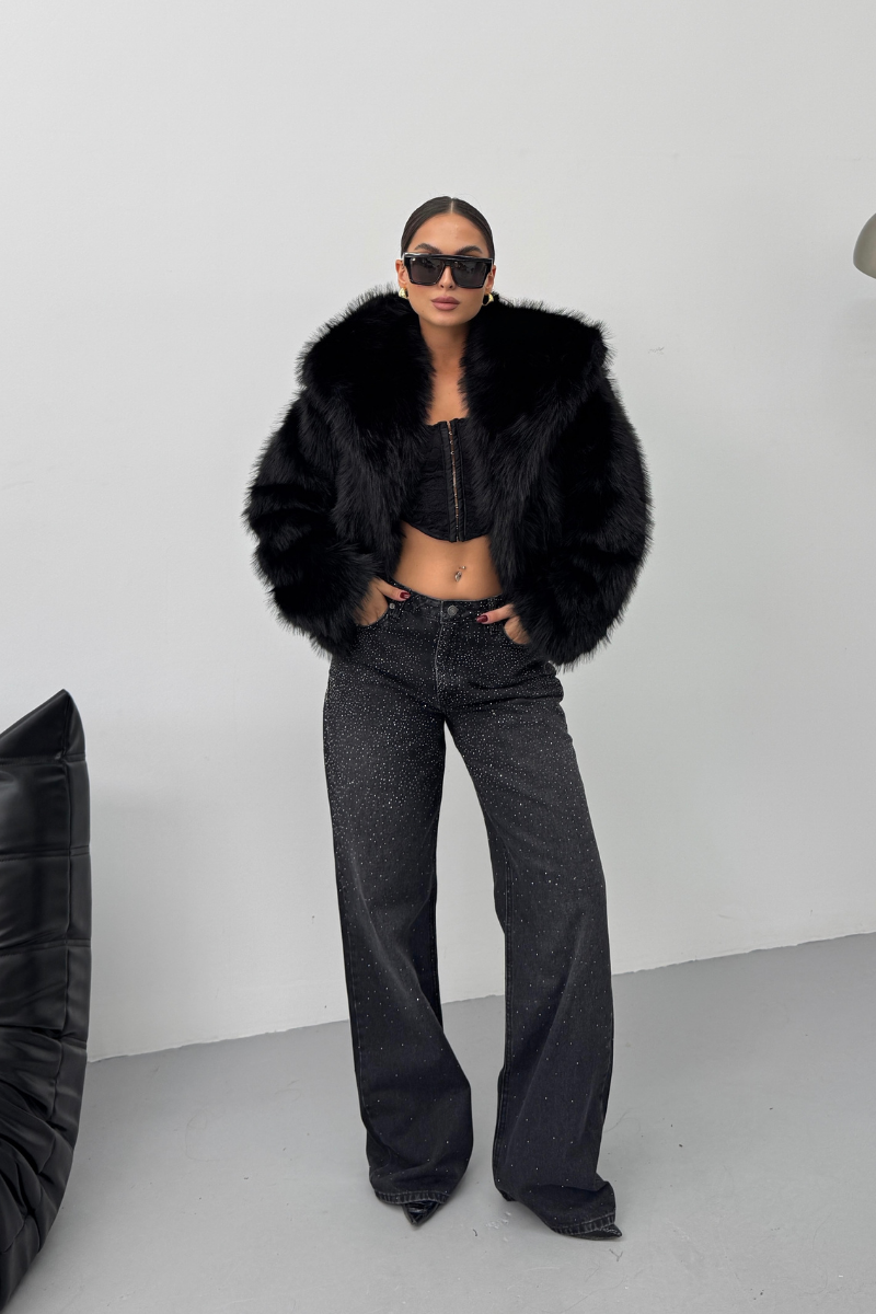 Kadın Kürk Şık Geniş Yaka Astarlı Çıtçıt Düğmeli Premium Kürk