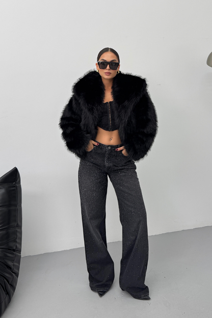 Kadın Kürk Şık Geniş Yaka Astarlı Çıtçıt Düğmeli Premium Kürk