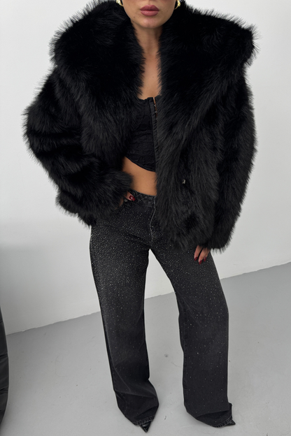 Kadın Kürk Şık Geniş Yaka Astarlı Çıtçıt Düğmeli Premium Kürk