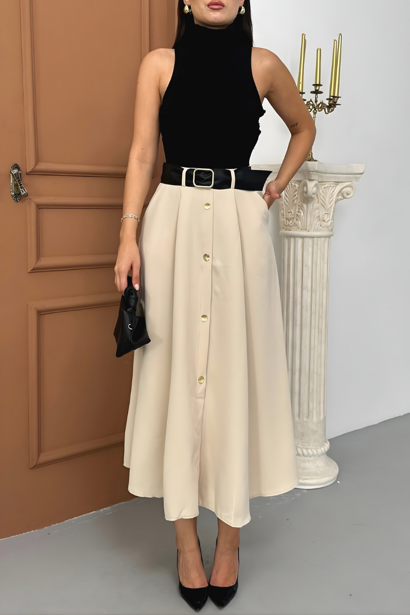 Kadın Elbise Midi Şık Kemerli Balıkçı Yaka Sıfır Kollu Eteği Düğmeli Cepli Kontrast Elbise