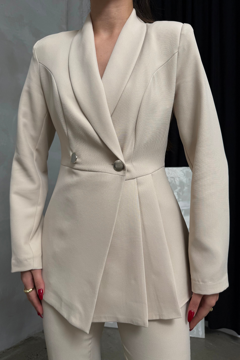 Kadın İkili Blazer Ceket Pantolon Takım Pile ve Düğme Detaylı Boru Paça