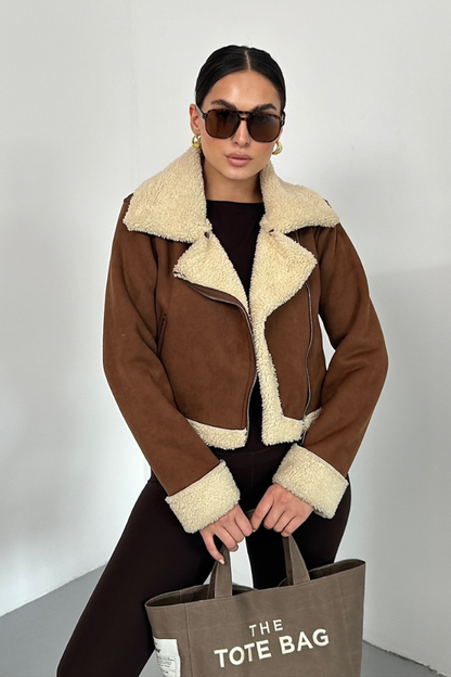 Kadın Süet Mont Kısa İçi Kürklü Kruvaze Fermuarlı Cepli Ceket