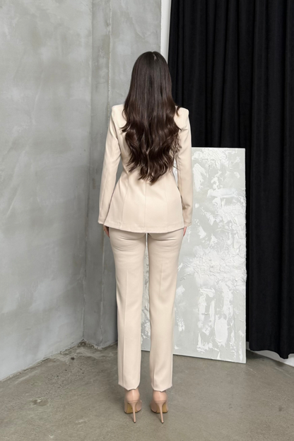 Kadın İkili Blazer Ceket Pantolon Takım Pile ve Düğme Detaylı Boru Paça