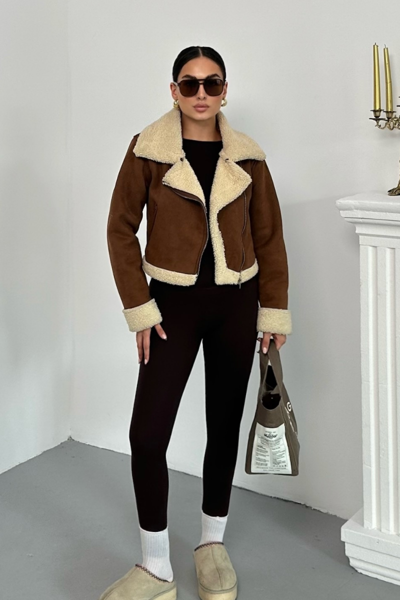 Kadın Süet Mont Kısa İçi Kürklü Kruvaze Fermuarlı Cepli Ceket