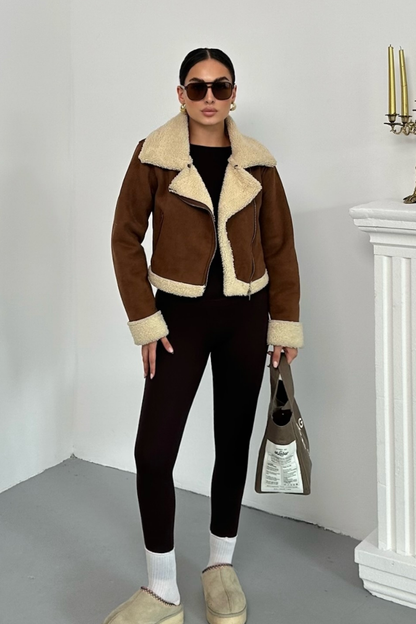 Kadın Süet Mont Kısa İçi Kürklü Kruvaze Fermuarlı Cepli Ceket