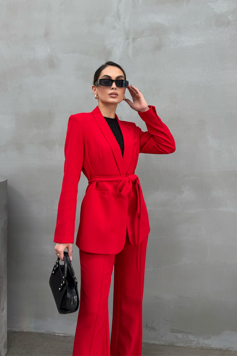 Kadın İkili Kuşaklı Blazer Ceket Pantolon Takım