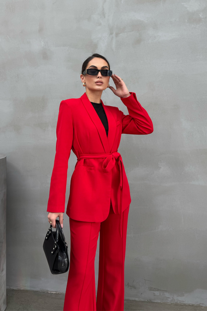 Kadın İkili Kuşaklı Blazer Ceket Pantolon Takım