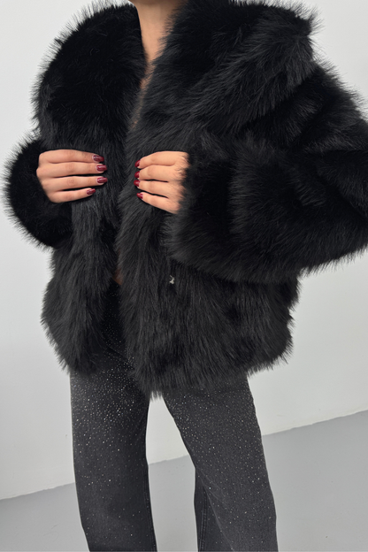 Kadın Kürk Şık Geniş Yaka Astarlı Çıtçıt Düğmeli Premium Kürk