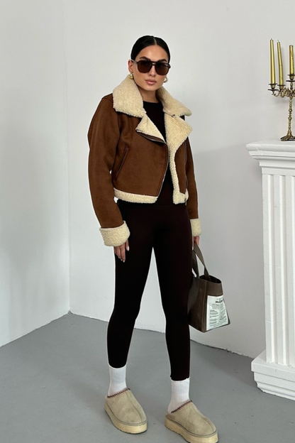Kadın Süet Mont Kısa İçi Kürklü Kruvaze Fermuarlı Cepli Ceket