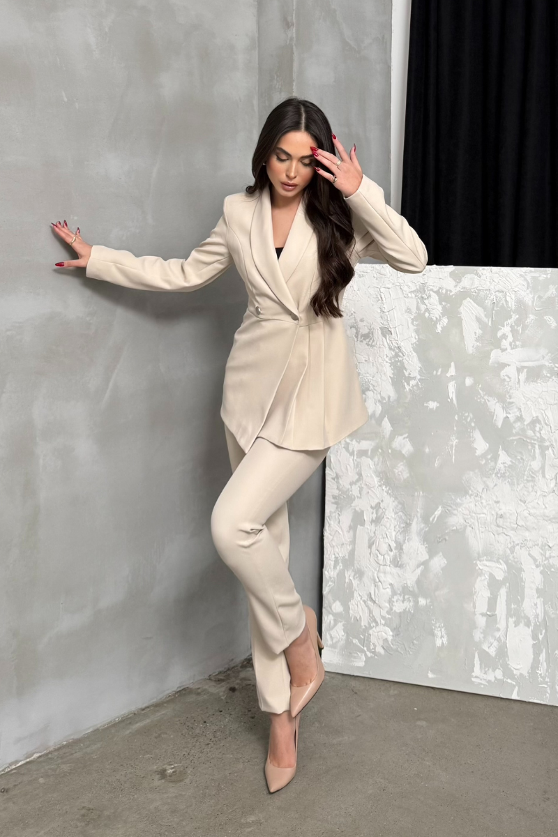 Kadın İkili Blazer Ceket Pantolon Takım Pile ve Düğme Detaylı Boru Paça