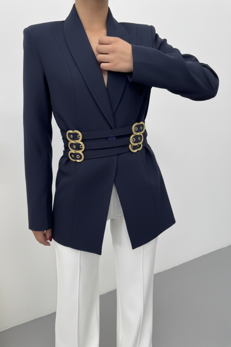 Kadın Blazer Ceket Şık Kruvaze Yaka Vatkalı Gold Kemer Detaylı Ceket