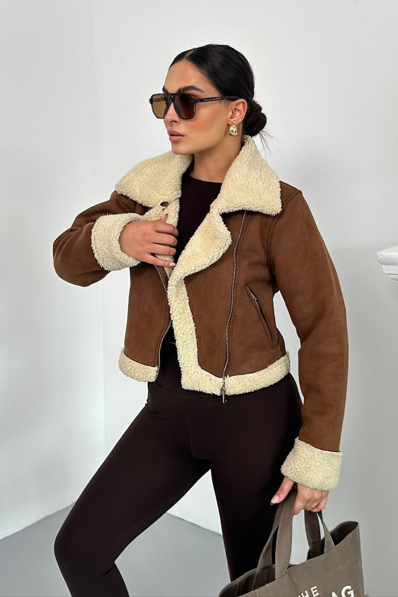 Kadın Süet Mont Kısa İçi Kürklü Kruvaze Fermuarlı Cepli Ceket