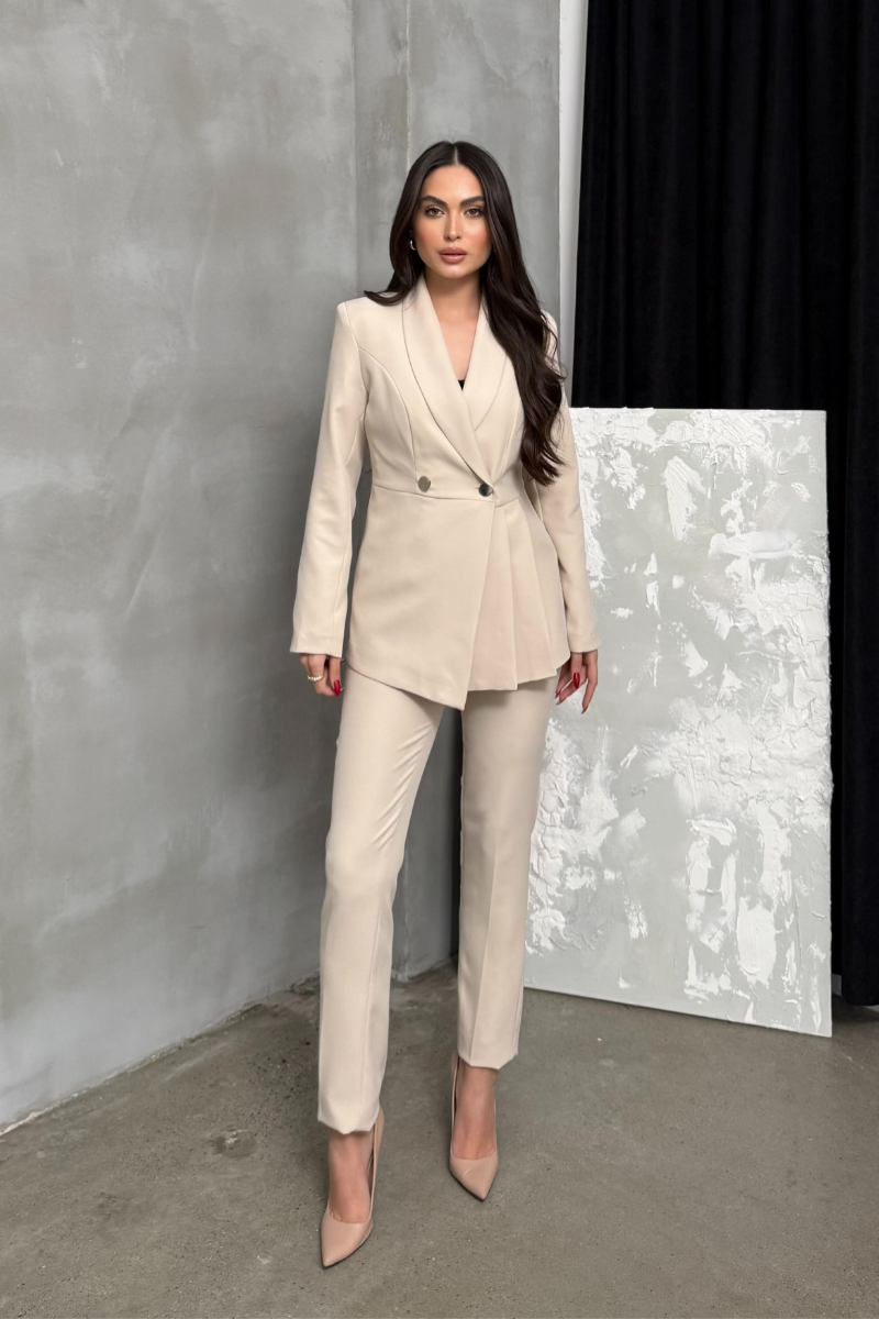 Kadın İkili Blazer Ceket Pantolon Takım Pile ve Düğme Detaylı Boru Paça