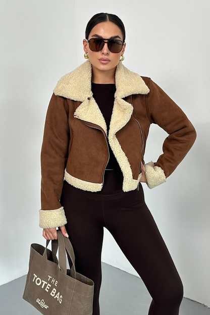 Kadın Süet Mont Kısa İçi Kürklü Kruvaze Fermuarlı Cepli Ceket